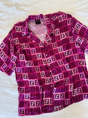 Pink & Magenta FF Logo Short-Sleeve Button Shirt